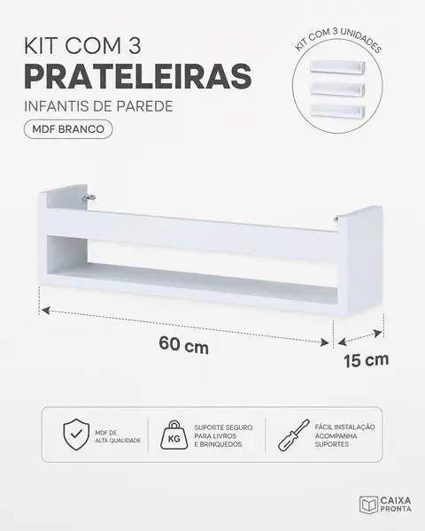 Kit com 3 Prateleiras para Livros Infantis em MDF — vista 3