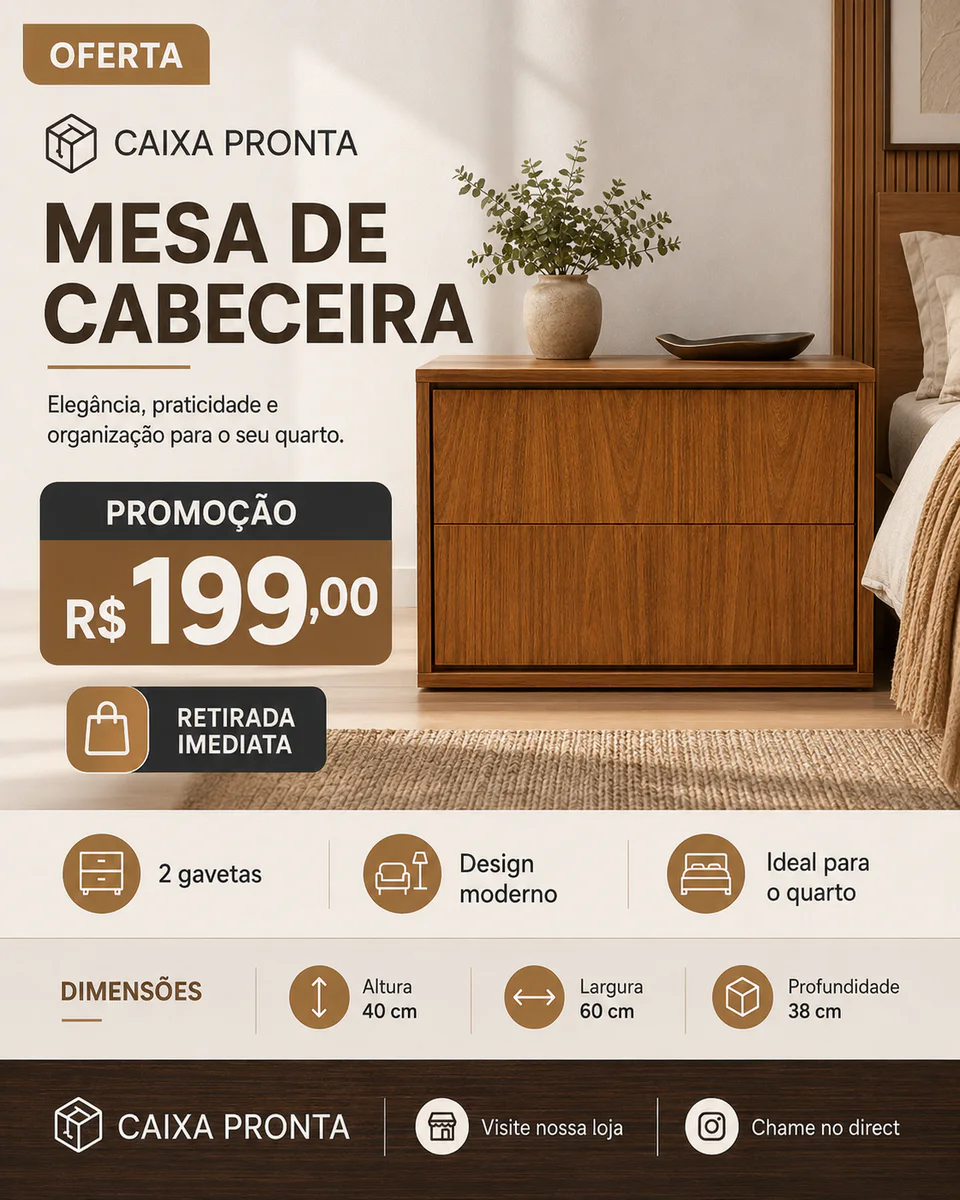 Mesa de Cabeceira com 2 Gavetas em MDF — vista principal