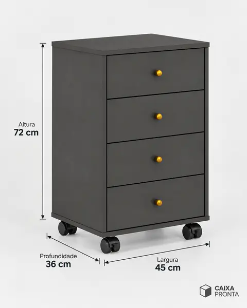 Mesa de Cabeceira com 4 Gavetas e Rodízios em MDF — vista 4