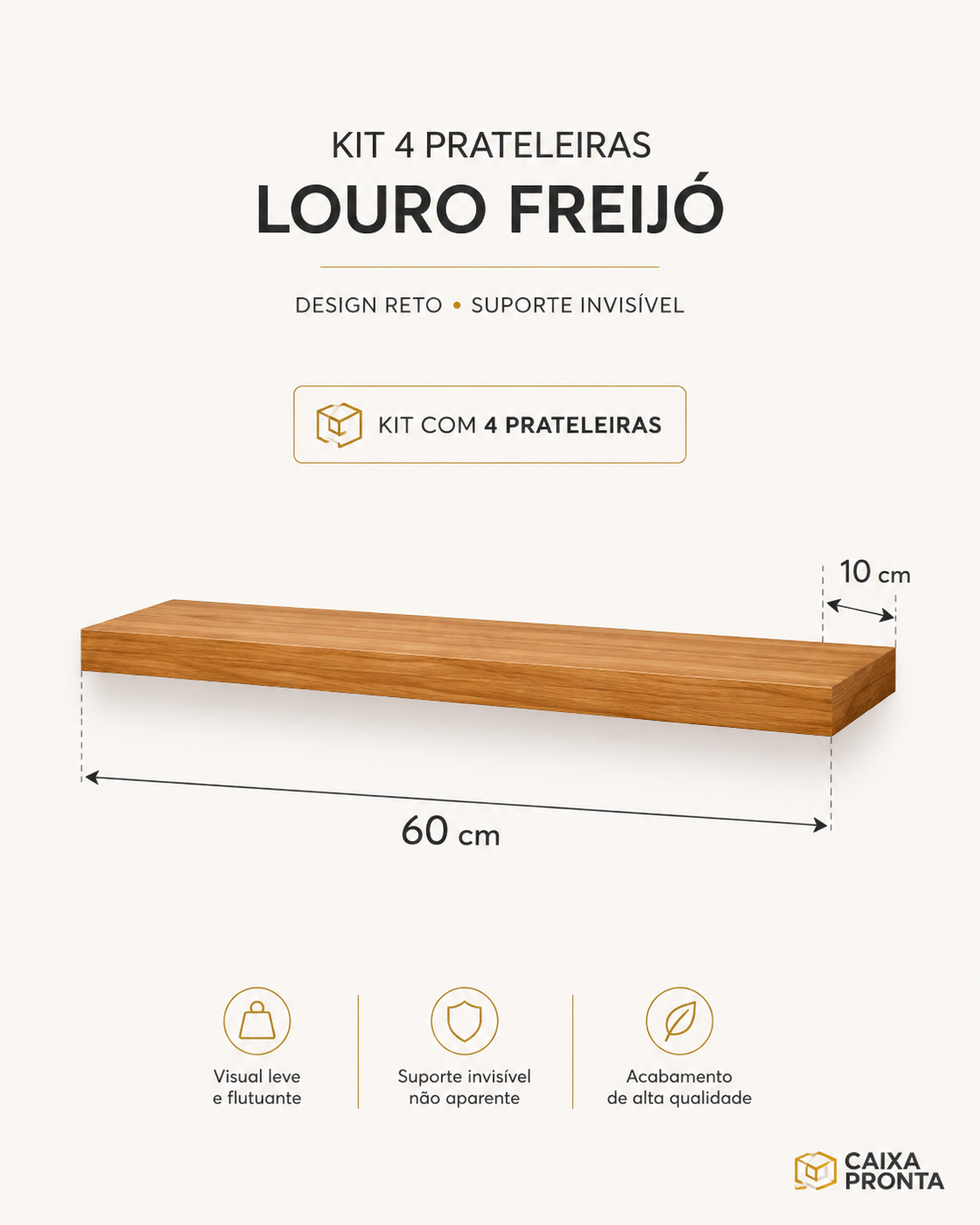 Kit 4 Prateleiras 60x10 Suporte Invisível em MDF — vista 3