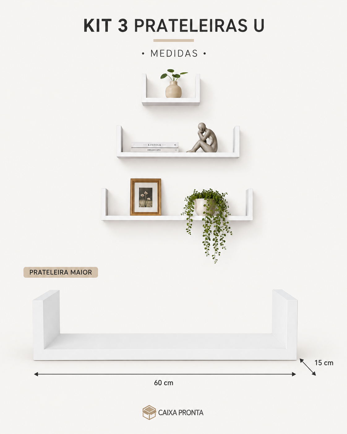 Kit 3 Prateleiras U Parede Nicho 40 50 60x15 Livros MDF em MDF — vista 3