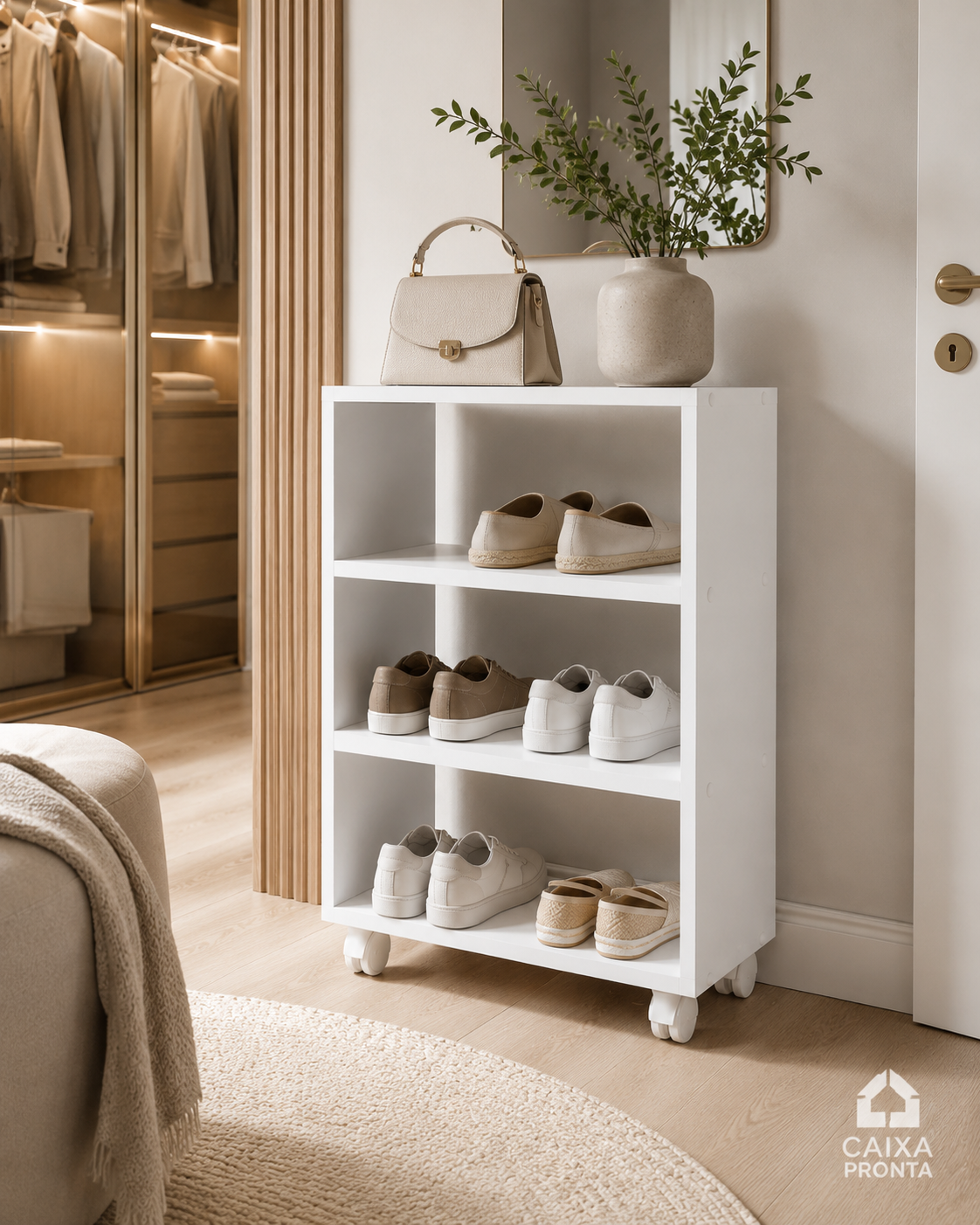 Sapateira MDF com Rodizios Giratorio Branco em MDF — vista 3