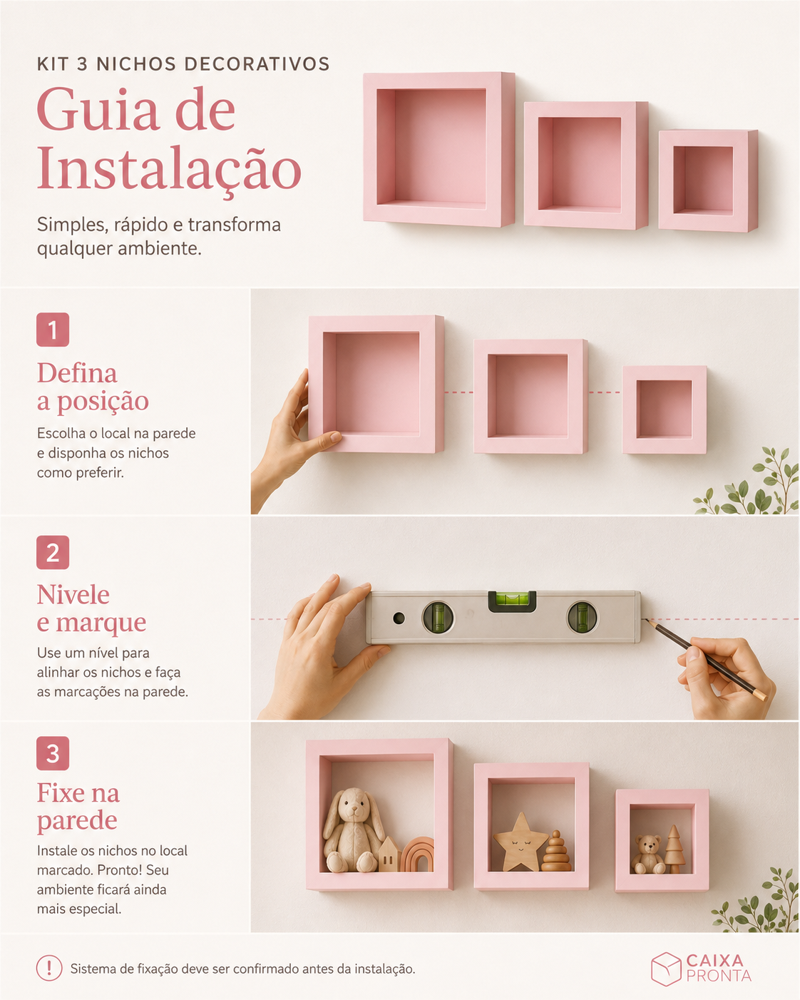 Kit 3 Nichos Decorativos Rosa MDF para Quarto Infantil em MDF — vista 3