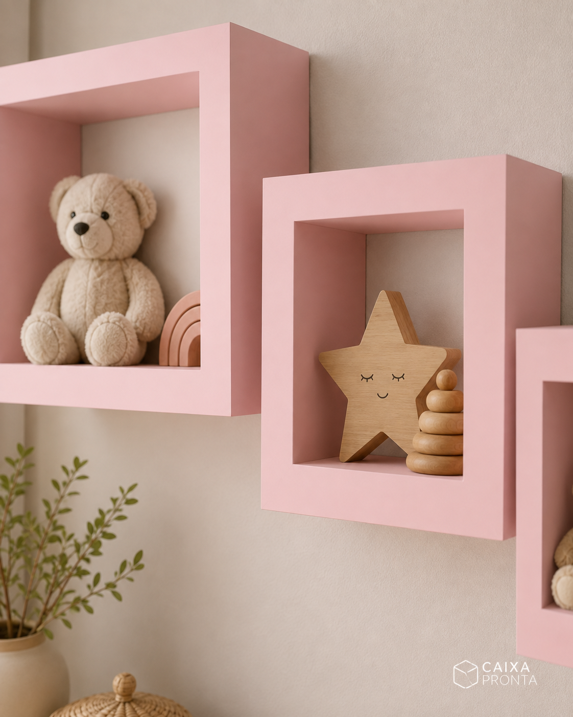 Kit 3 Nichos Decorativos Rosa MDF para Quarto Infantil