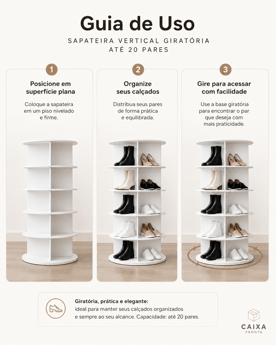 Sapateira Giratoria Vertical Branca Viena MDF 20 Pares MDF