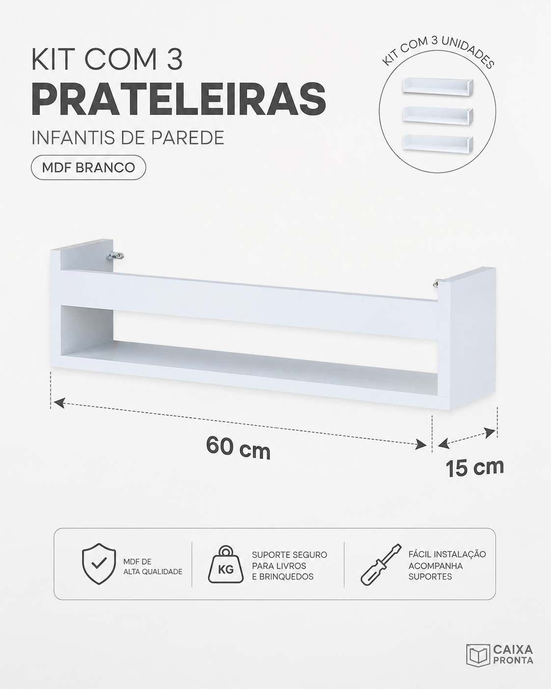 Kit 3 Prateleira 60cm Branco para Livro Revista Infantil em MDF — vista 3