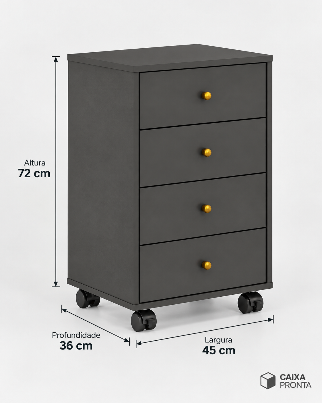 Mesa de Cabeceira 4 Gavetas com Rodízios em MDF — vista 4